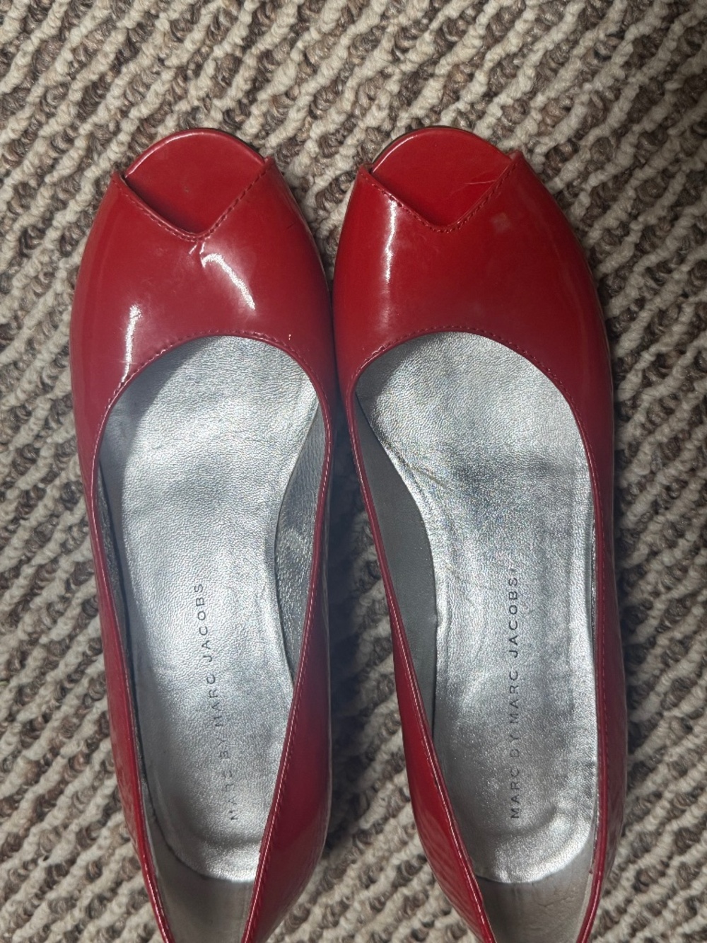 Marc by Marc Jacobs Red Patent Leather Peep-Toe Flats | Silver Insole